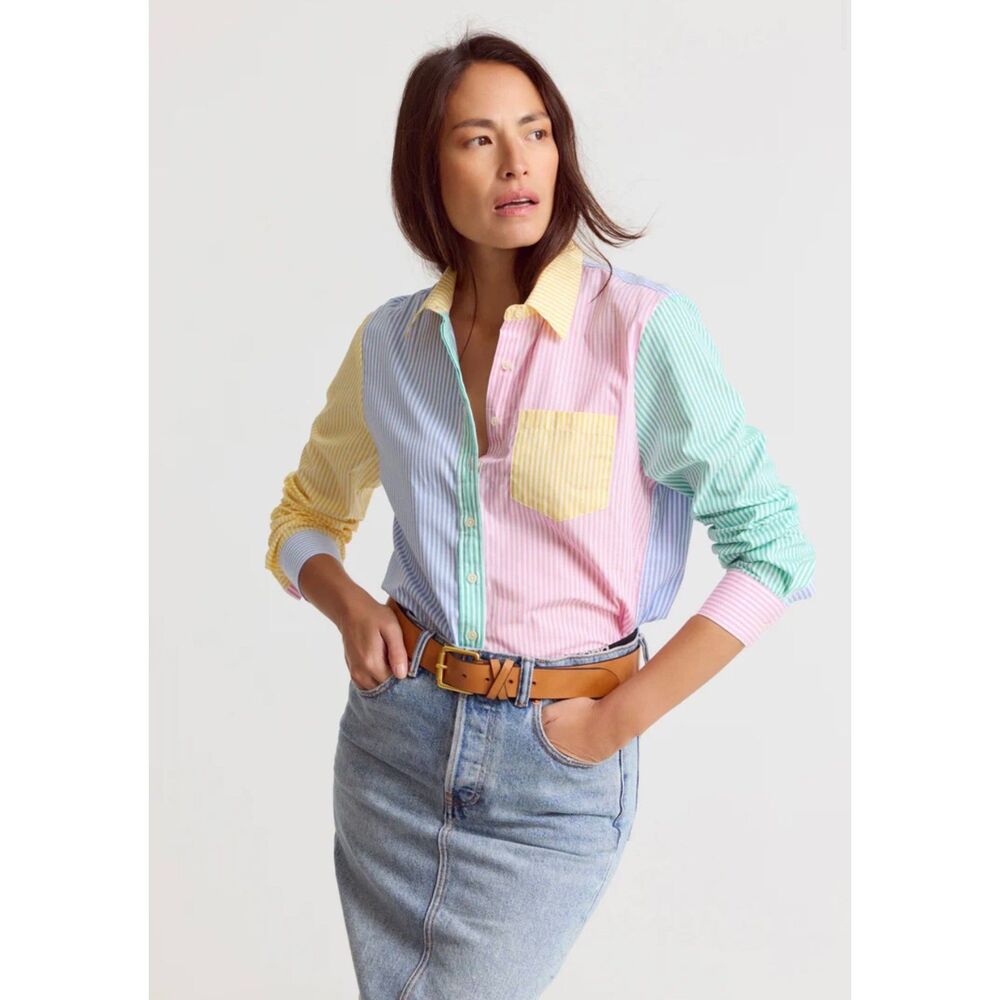 THE SHIRT ROCHELLE BEHRENS The Boyfriend Shirt in Multicolor Stripe, Sz XS